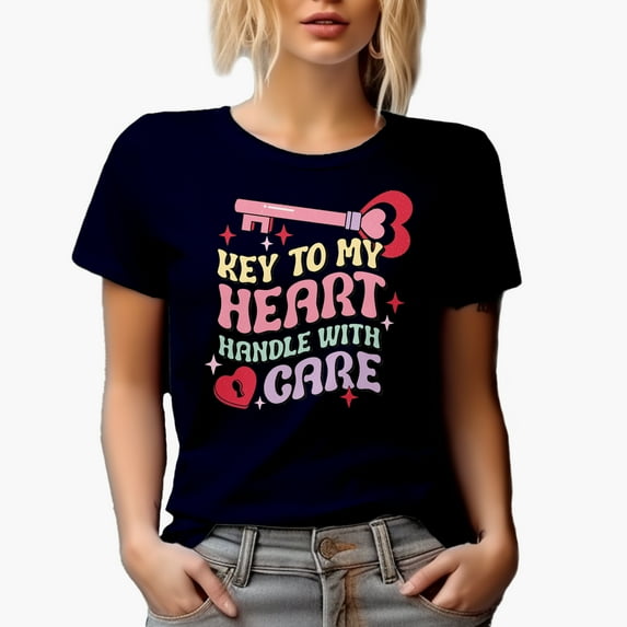 Distressed Key to My Heart, Handle with Care, Retro Wavy Valentine's Day Text Art Merch Gift, Navy Blue T-Shirt, XL