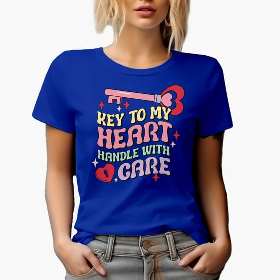 Distressed Key to My Heart, Handle with Care, Retro Wavy Valentine's Day Text Art Merch Gift, Royal Blue T-Shirt, XL
