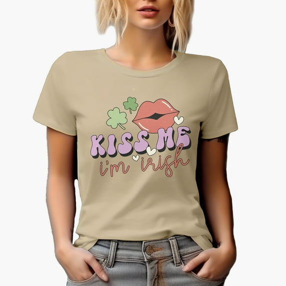 Distressed Kiss Me I'm Irish - Retro St. Patrick's Day Art Merch, Tan T-Shirt, Medium