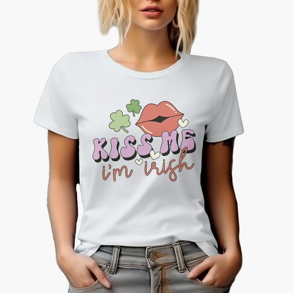 Kiss Me I'm Irish, Retro St. Patrick's Day Art Merch, White T-Shirt, Medium