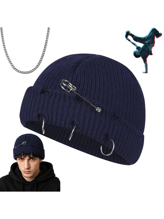 Distressed Knit Beanie with Safety Pin & Metal O-Ring