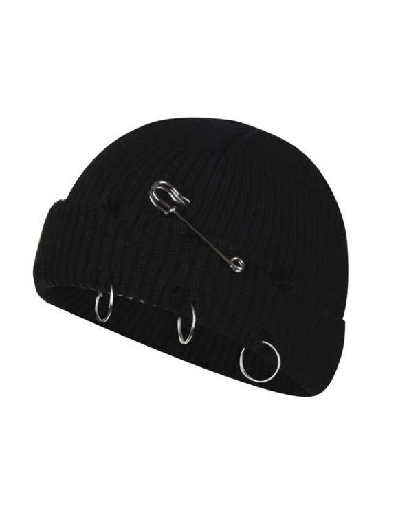 Distressed Knit Hat with Safety Pin & Metal Rings, Y2K Punk Gothic Cuffed Skull Cap, Warm Streetwear Winter Knit for Men Women, Black