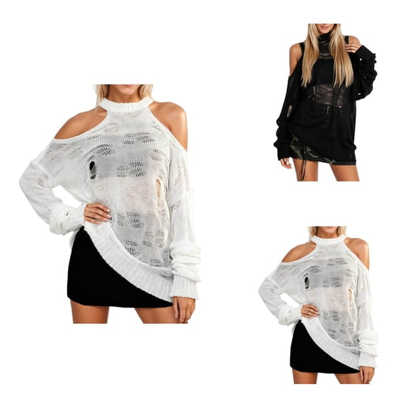 Distressed Knit Pullover Sweater Long Sleeve Openwork Lace Top Summer Lightweight Sheer Cover Up Casual Streetwear