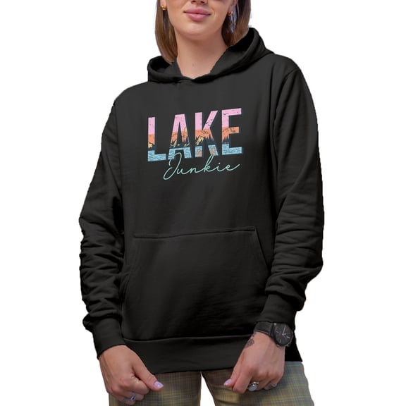 Distressed Lake Junkie Merch Gift, Black Hooded Sweatshirt or Hoodie, Large