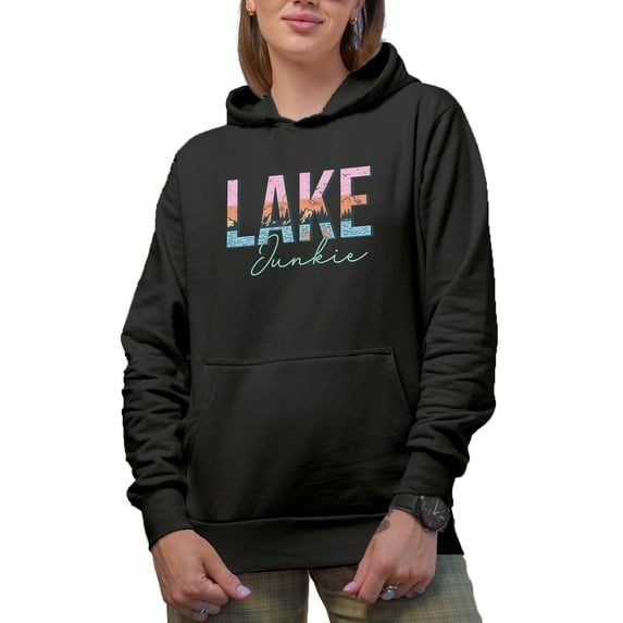 Distressed Lake Junkie Merch Gift, Black Hooded Sweatshirt or Hoodie, Medium