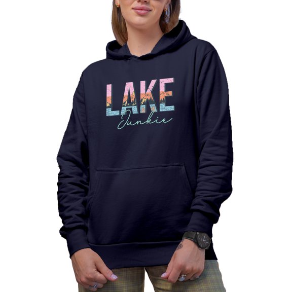 Distressed Lake Junkie Merch Gift, Navy Blue Hooded Sweatshirt or Hoodie, Large