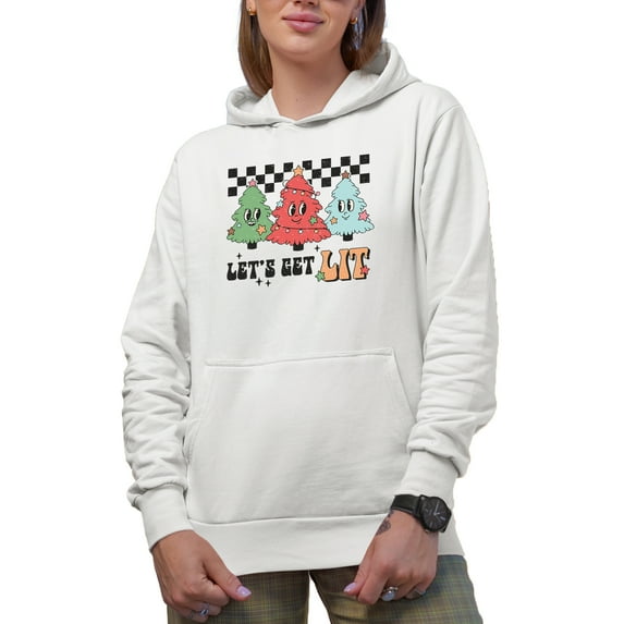 Distressed Let's Get Lit - Retro Christmas Trees & Lights Art Merch Gift, White Hooded Sweatshirt or Hoodie, Small