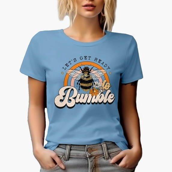 Distressed Let's Get Ready to Bumble Pun Quote - Bee & Rainbow Art Merch Gift, Baby Blue T-Shirt, Large