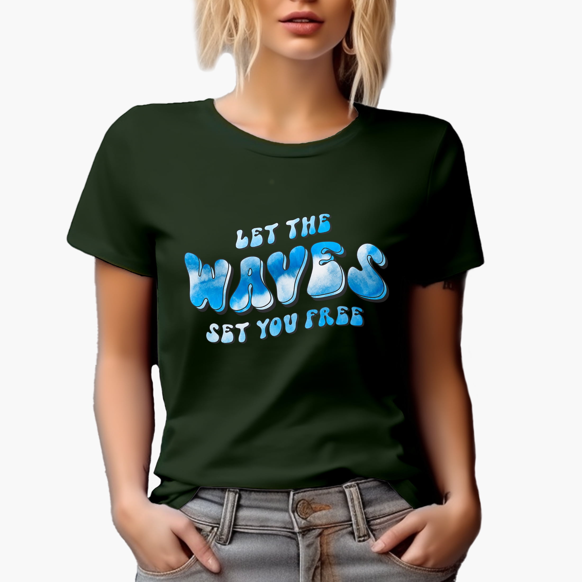 Distressed Let the Waves Set You Free, Retro Groovy Wavy Text, Tie Die Surfing Gift, Military Green T-Shirt, 3XL