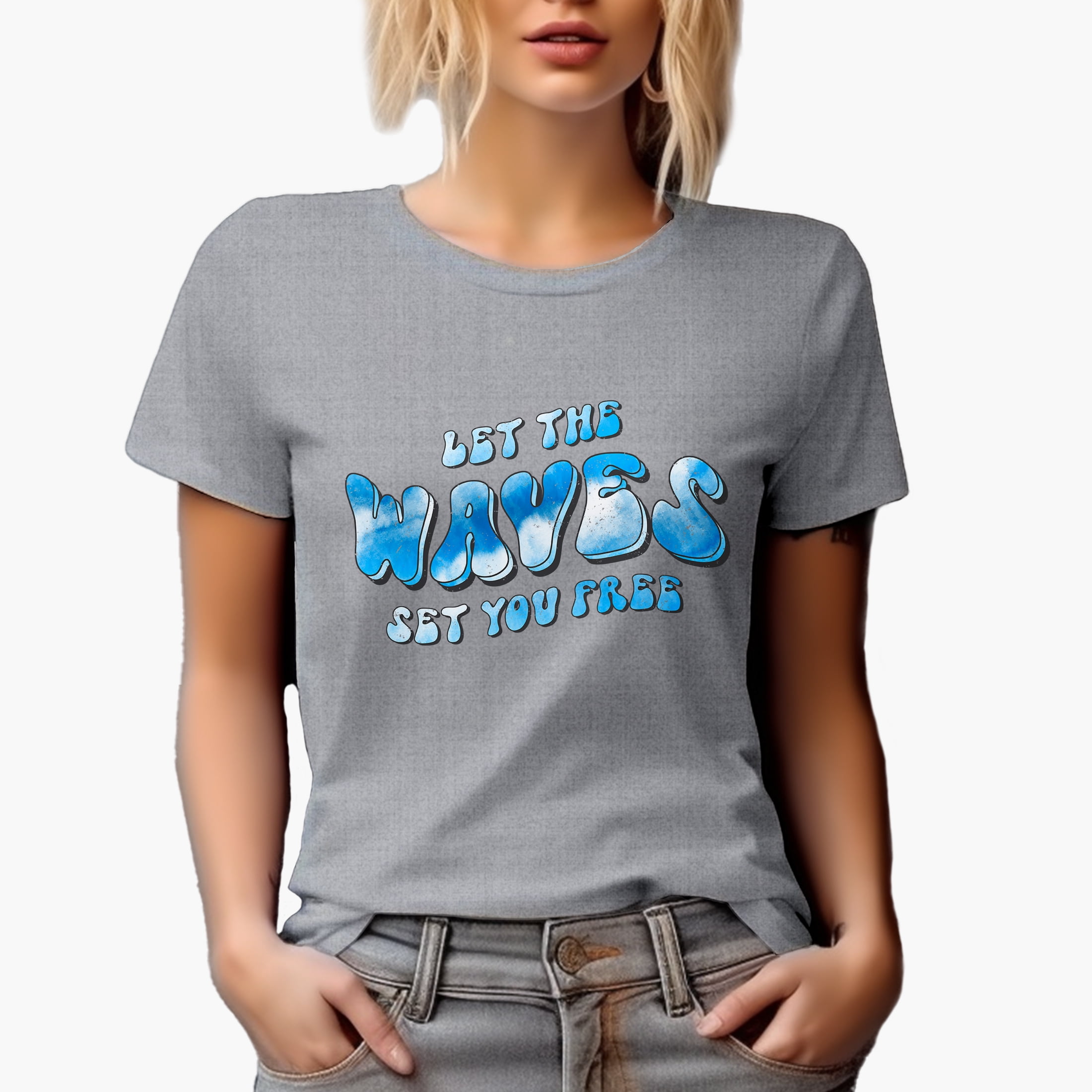Distressed Let the Waves Set You Free - Retro Groovy Wavy Text & Tie Die Surfing Merch Gift, Heather Grey T-Shirt, Medium