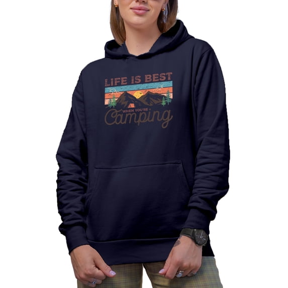 Distressed Life Is Best When You're Camping, Vintage Mountains Art, Camper Merch Gift, Navy Blue Hooded Sweatshirt or Hoodie, 3XL