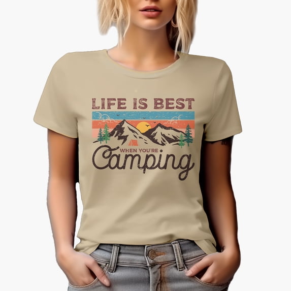 Distressed Life Is Best When You're Camping - Vintage Mountains Art Merch Gift, Tan T-Shirt, Small