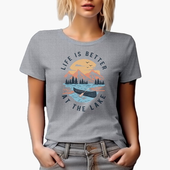 Distressed Life Is Better at the Lake - Sun, Boat, Mountains & Pine Trees Art Merch Gift, Heather Grey T-Shirt, 2XL