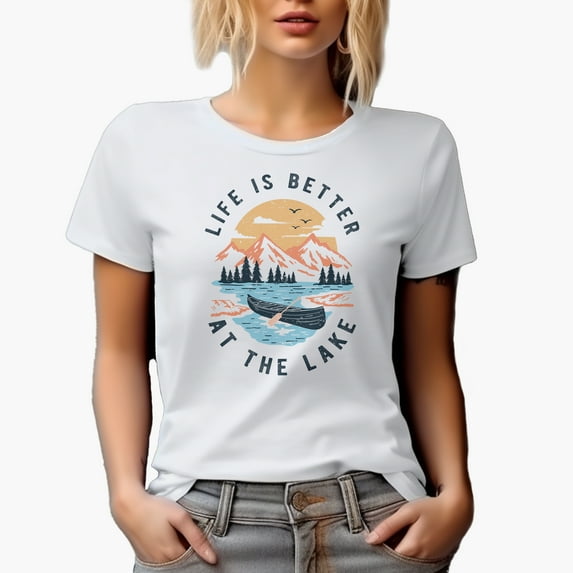 Distressed Life Is Better at the Lake - Sun, Boat, Mountains & Pine Trees Art Merch Gift, White T-Shirt, Medium