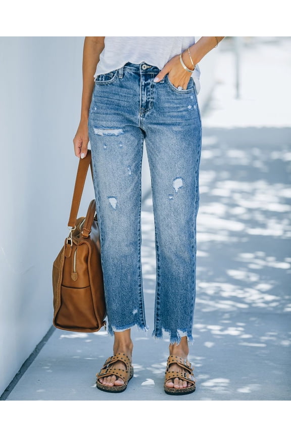 Distressed Light Blue Denim Jeans Women's Casual Crop Straight Leg Washed Mid Rise Non-Stretch Cotton Classic Ankle Length