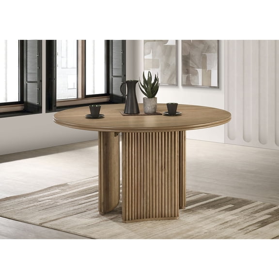 Distressed Light Brown Round Dining Table, Tripod Pedestal Base, Reeded Textured Design, 53.25-Inch for Casual Dining Spaces
