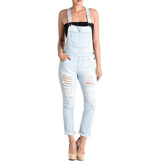 Distressed Light Wash Skinny Jean Denim Overalls Jumpsuit (Small)