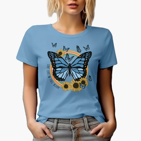 Distressed Live Life in Full Bloom - Retro Butterfly & Sunflower Art Merch Gift, Baby Blue T-Shirt, Large