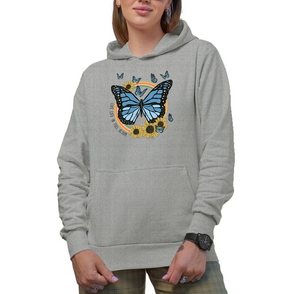 Distressed Live Life in Full Bloom - Retro Butterfly & Sunflower Art Merch Gift, Heather Grey Hooded Sweatshirt or Hoodie, Medium