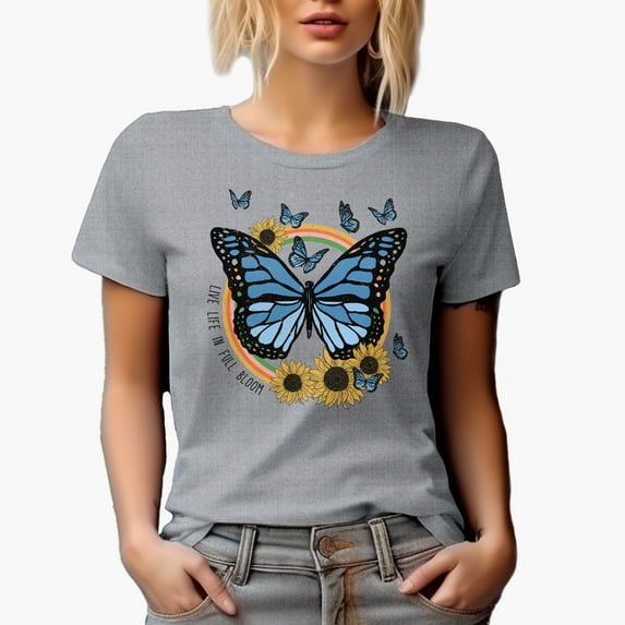 Distressed Live Life in Full Bloom - Retro Butterfly & Sunflower Art Merch Gift, Heather Grey T-Shirt, Large