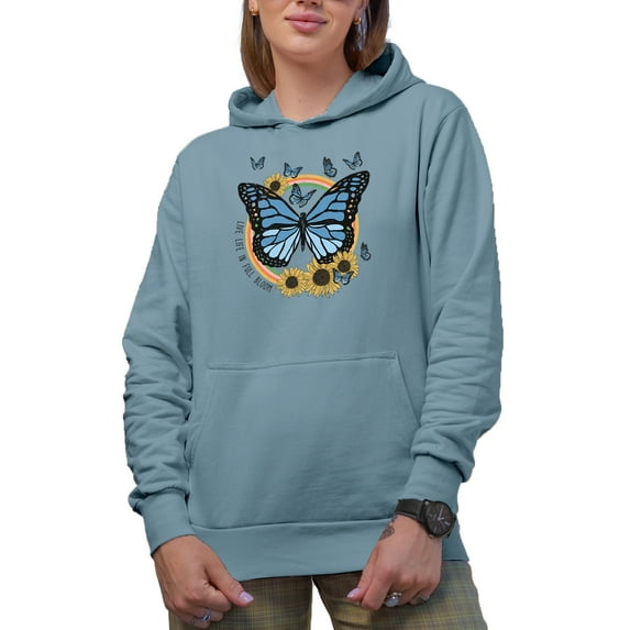 Distressed Live Life in Full Bloom - Retro Butterfly & Sunflower Art Merch Gift, Light Blue Hooded Sweatshirt or Hoodie, Medium