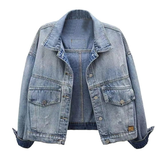 Distressed Long Sleeve Lapel Cropped Denim Jacket For Women Ripped ...