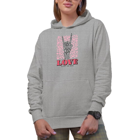 Love Is All You Need with Skeleton Hand, Valentine's Day Art Merch Gift, Heather Grey Hooded Sweatshirt or Hoodie, Small
