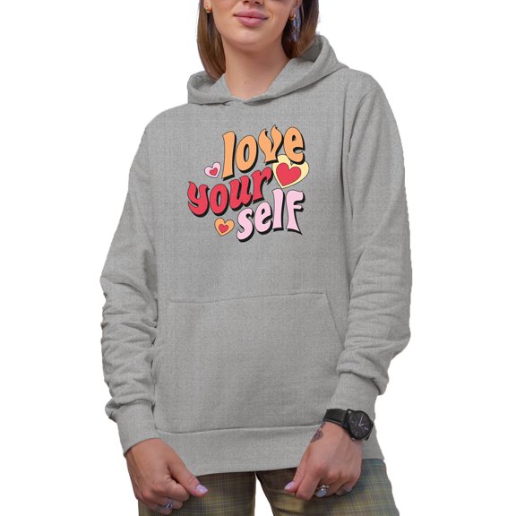 Distressed Love Your Self - Retro Wavy Text Art Merch Gift, Heather Grey Hooded Sweatshirt or Hoodie, Small