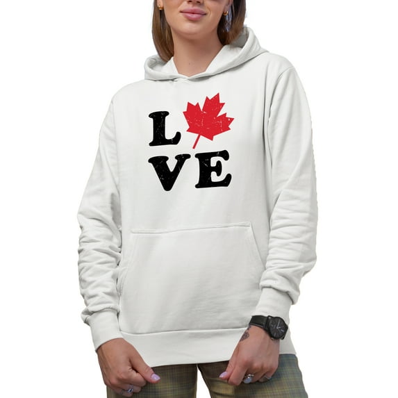 Distressed Love with Maple Leaf - Canada or Canadian Themed Merch Gift, White Hooded Sweatshirt or Hoodie, Large