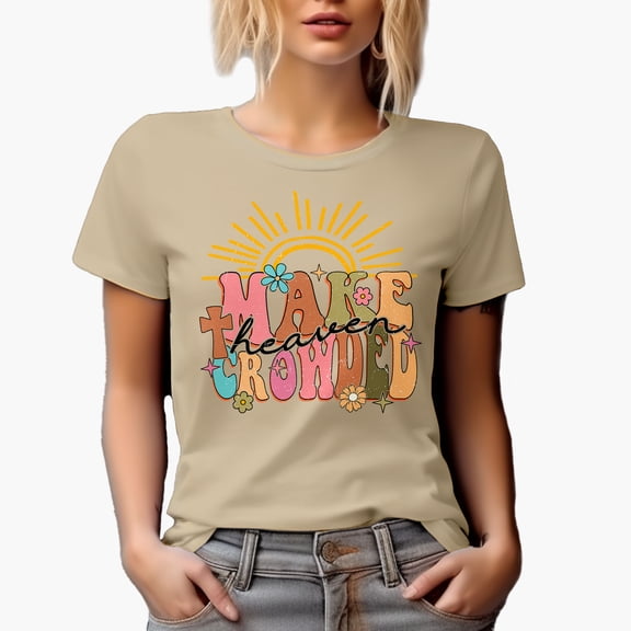 Distressed Make Heaven Crowded - Retro Wavy Text Art, Christian Merch Gift, Tan T-Shirt, XL