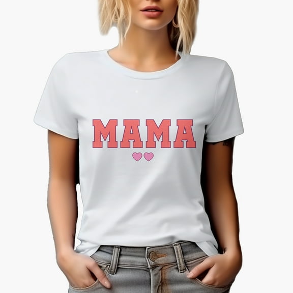 Distressed Mama - College or Varsity Font with Hearts, Mother's Day Merch Gift, White T-Shirt, Small
