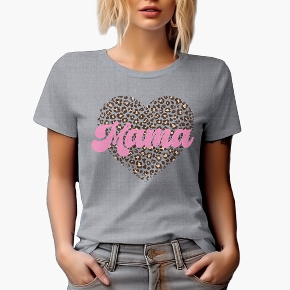 Distressed Mama - Leopard Print Heart, Mother's Day Merch Gift, Heather Grey T-Shirt, Large