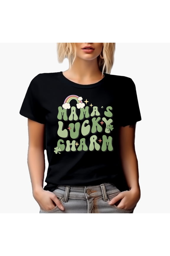 Distressed Mama's Lucky Charm, Retro Groovy Wavy Text St. Patrick's Day Art Merch Gift, Black T-Shirt, Medium