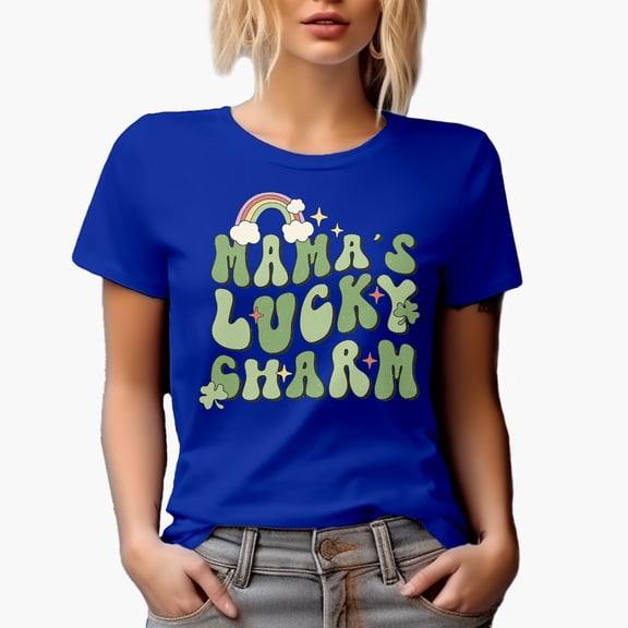 Distressed Mama's Lucky Charm, Retro Groovy Wavy Text St. Patrick's Day Art Merch Gift, Royal Blue T-Shirt, 3XL