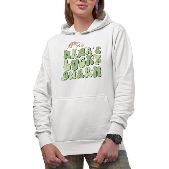Distressed Mama's Lucky Charm - Retro Groovy Wavy Text St. Patrick's Day Art Merch Gift, White Hooded Sweatshirt or Hoodie, XL