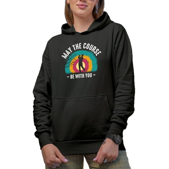 Distressed May the Course Be With You Pun Quote with a Swinging Golf Player, Golfing or Golfer Themed Merch Gift, Black Hooded Sweatshirt or Hoodie, Small