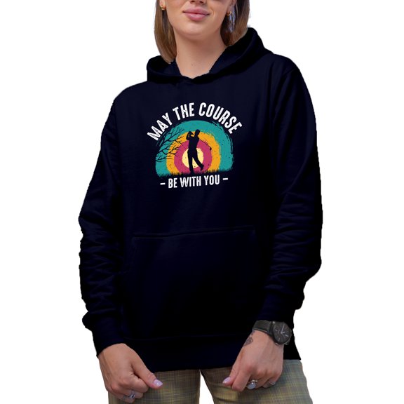 Distressed May the Course Be With You Pun Quote with a Swinging Golf Player, Golfing or Golfer Themed Merch Gift, Navy Blue Hooded Sweatshirt or Hoodie, Medium