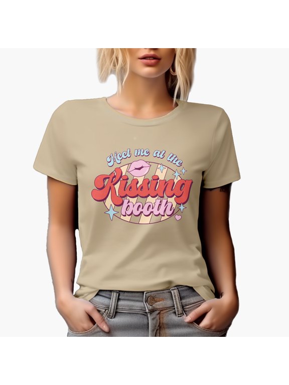 Distressed Meet Me at the Kissing Booth - Retro Valentine's Day Art Merch Gift, Tan T-Shirt, Small