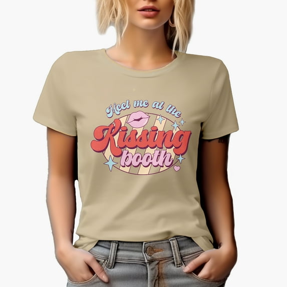 Distressed Meet Me at the Kissing Booth - Retro Valentine's Day Art Merch Gift, Tan T-Shirt, XL