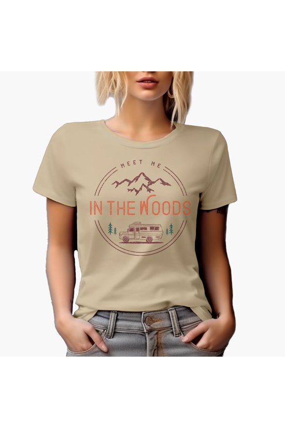 Distressed Meet Me in the Woods - Camper & Mountains Art Merch Gift, Tan T-Shirt, Large