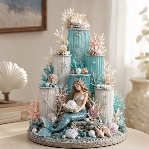 Distressed Mermaid Figurine Ocean Home Decor, Elegant Resin Statue with Pearl Accents, Whimsical Shelf Ornament, Ideal Gift for Beach Lovers and Home Styling, Decorative Centerpiece