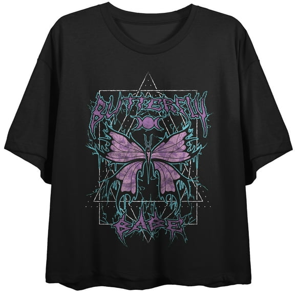 Distressed Metal Butterfly Crew Neck Short Sleeve Women's Black Crop T-shirt-Medium
