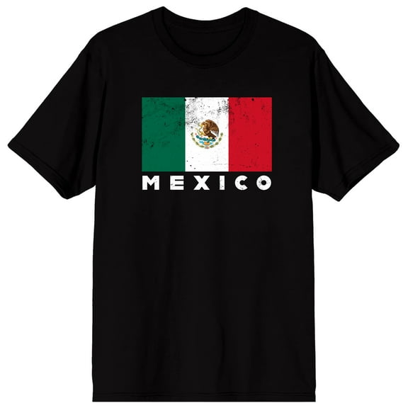 Distressed Mexican Flag and Mexico Text on Black Ground Adult Crew Neck Short Sleeve T-shirt - Small