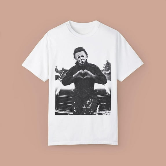 Distressed Michael Myers Heart Hands Vintage Halloween Shirt, Retro Horror Movie Shirt, Friday the 13th -Free Stickers,White Color,Size L
