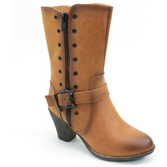 Distressed Mid-calf Buckle Chunky Heel Women's Vegan Boots - 6