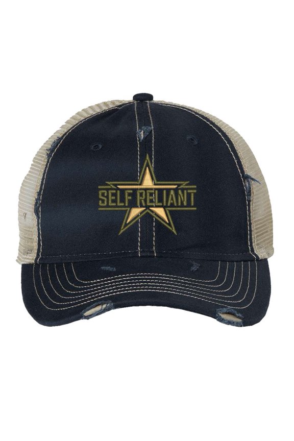Distressed Military Hat - Tactical Trucker Hat with Self Reliant Embroidery - Vintage Mesh Cap (NavyBlue)