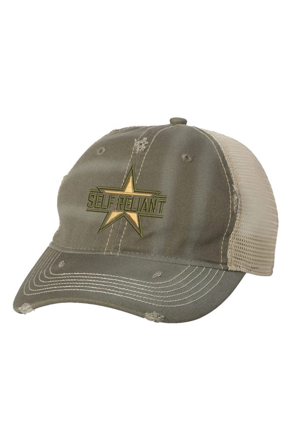 Distressed Military Hat - Tactical Trucker Hat with Self Reliant Embroidery - Vintage Mesh Cap (Olive)