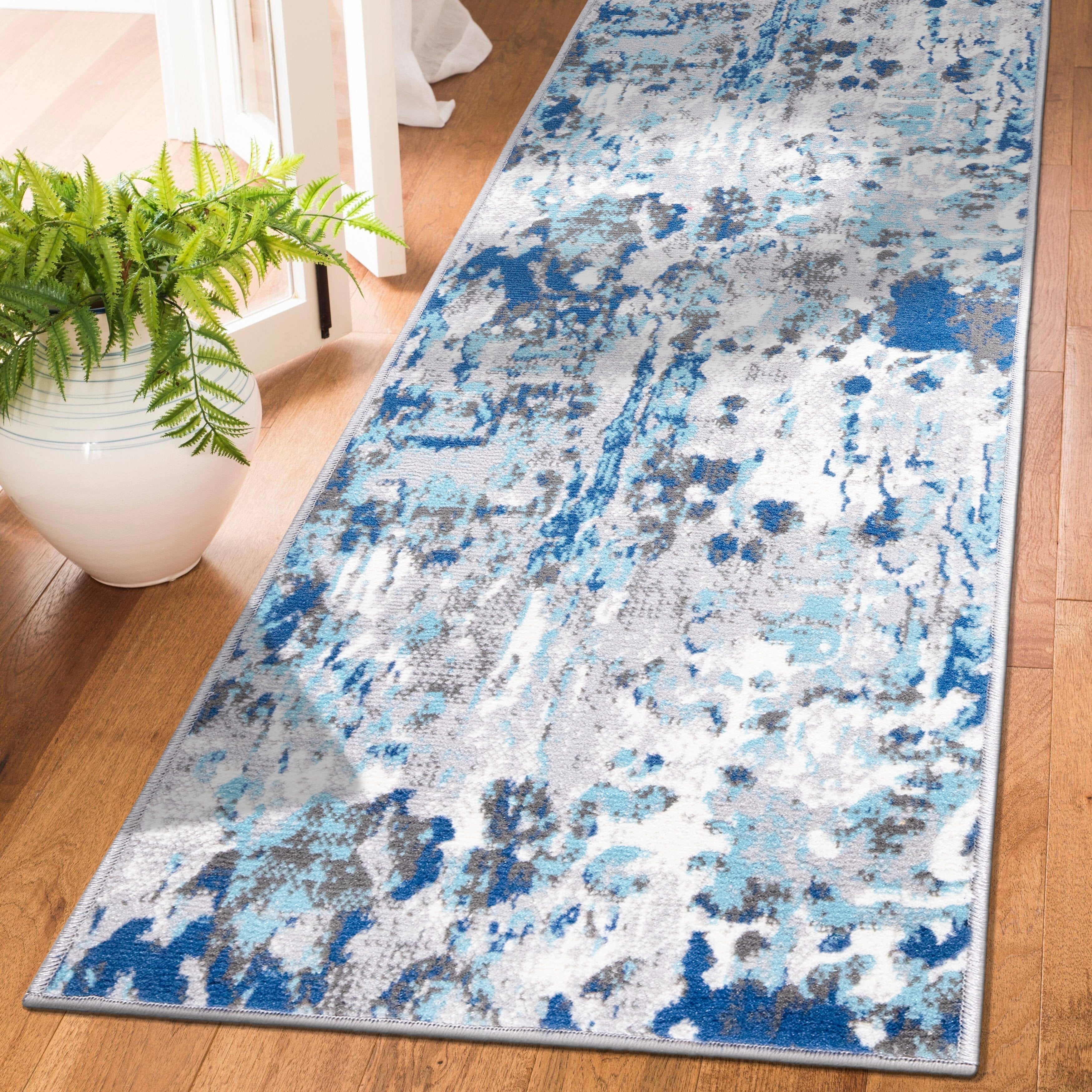 Durham Blue Abstract Synthetic Runner Rug 2' x 7'