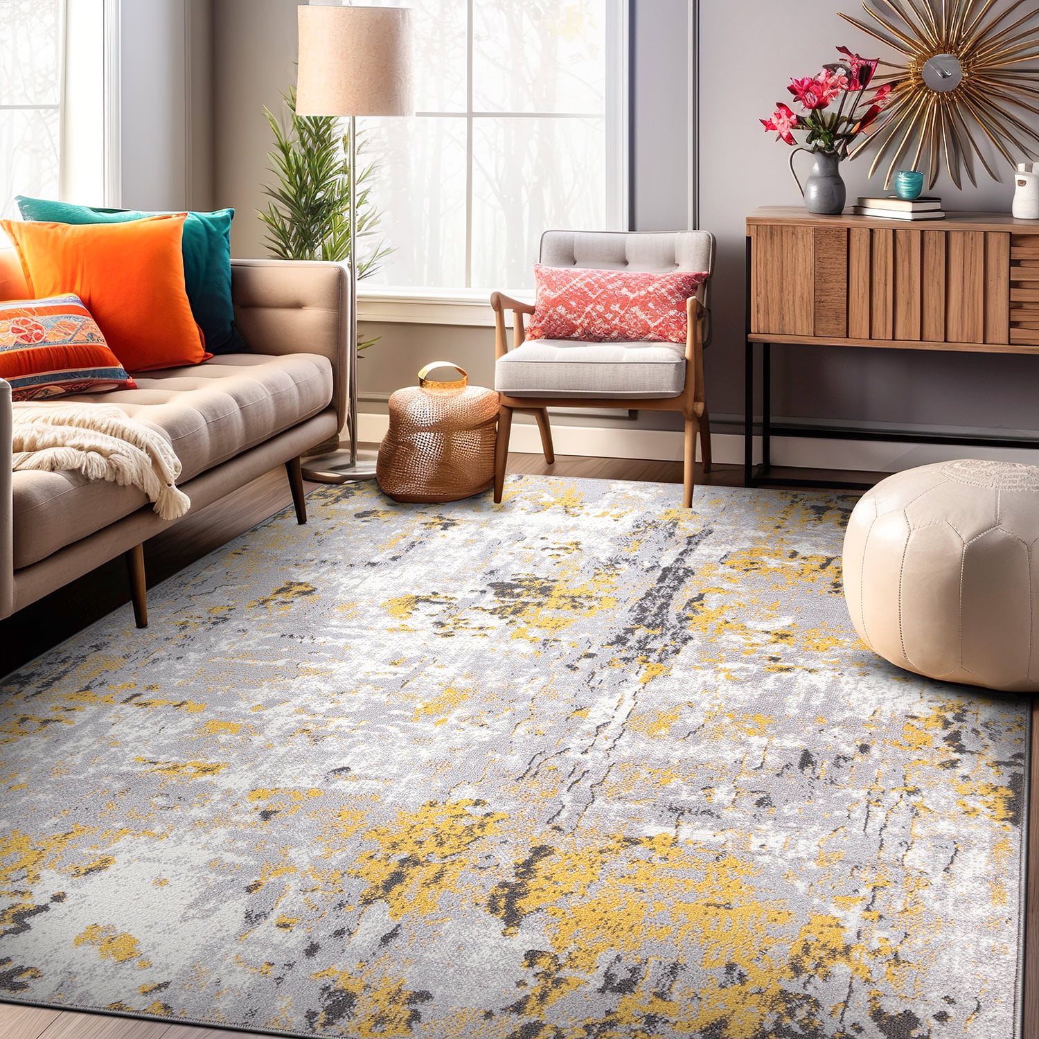 Yellow and Gray Abstract 5' x 7' Synthetic Area Rug