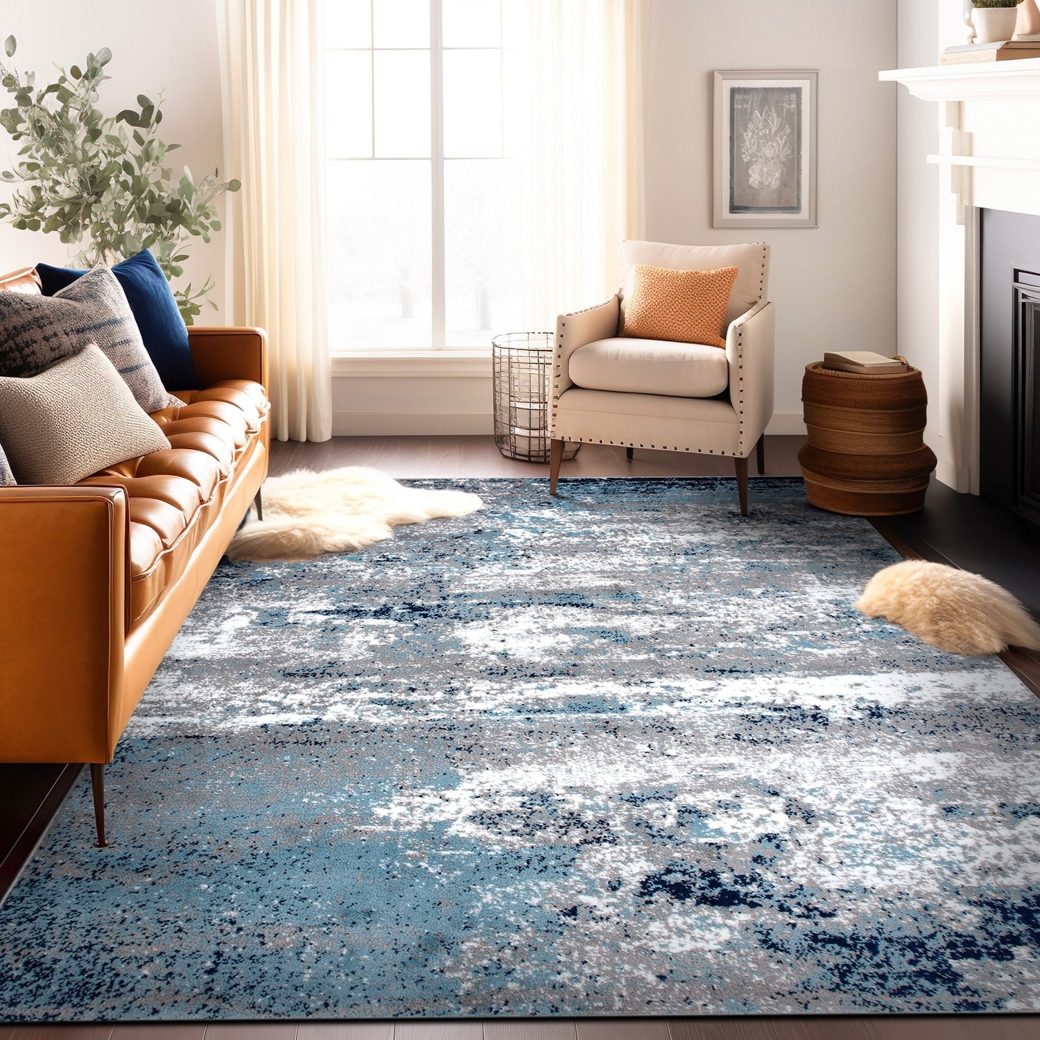 Bohemian Abstract Watercolor Synthetic 5' x 7' Blue Area Rug